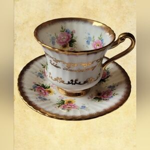 VINTAGE ROYAL VICTORIA FLORAL TEACUP & SAUCER GOLDEN ANNIVERSARY FINE BONE CHINA